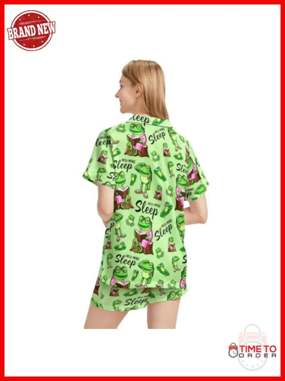 Funny Frog Print Pajama Set Short Sleeve Button Down Sleepwear Lounge Set